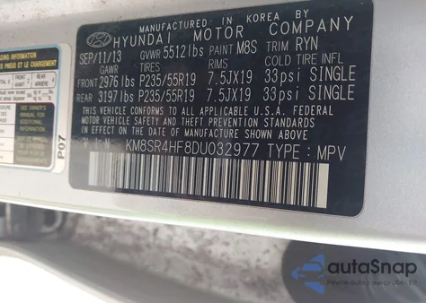 2013 Hyundai Santa Fe Limited from USA, damaged, VIN KM8SR4HF8DU032977